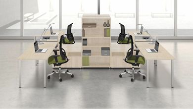 Picture of 4 Person Powered L Shape Teaming Bench Workstation with Storage and Ergonomic Seating