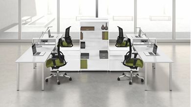 Picture of 4 Person Powered L Shape Teaming Bench Workstation with Storage and Ergonomic Seating