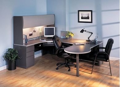 Picture of Curved U Shape Steel Desk Workstation with Overhead Storage