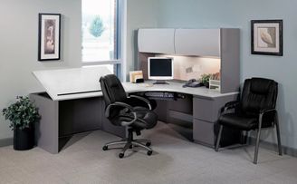 Picture of Steel L Shape Desk with Overhead Storage and Drafting Tilt Table