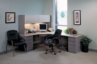 Picture of L Shape Steel Office Desk Workstation with Filing and Overhead Storage