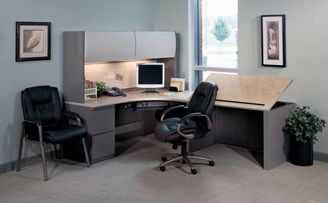 Picture of Steel L Shape Desk with Overhead Storage and Drafting Tilt Table