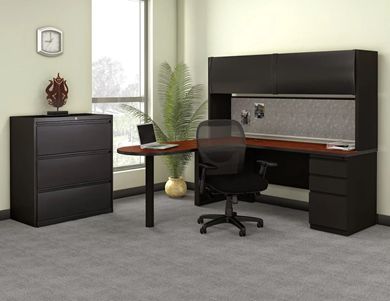 Picture of L Shape Steel Office Desk Workstation with Overhead Storage and Lateral Filing