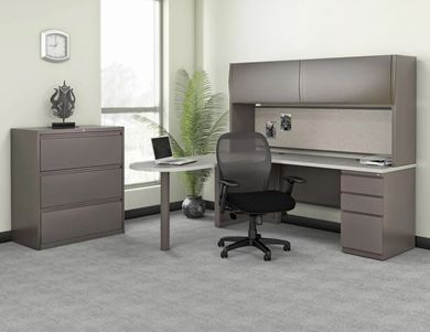 Picture of L Shape Steel Office Desk Workstation with Overhead Storage and Lateral Filing