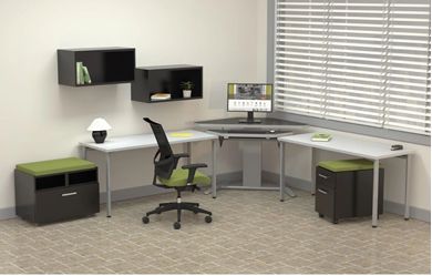 Picture of Contemporary L Desk with Powered Corner Table with Filing Pedestal