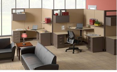 Picture of Cluster of 2 Person Cubicle Desk Station with Powered Height Adjustable Desk