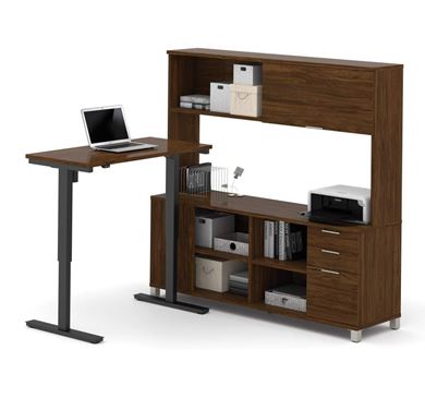 Picture of L-Desk With Hutch Including Electric Height Adjustable Table In Brown Oak