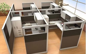 Picture of Cluster of 4 Person Cubicle Desk Workstation with Filing and Wardrobe Storage