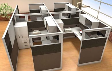 Picture of Cluster of 4 Person Cubicle Desk Workstation with Filing and Wardrobe Storage