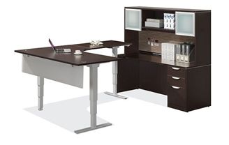 Picture of 72"W U Shape Powered Height Adjustable Desk with Kneespace Credenza and Frosted Door Hutch