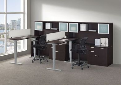 Picture of 2 Person L Shape Powered Height Adjustable Desk Workstation with Credenza Storage