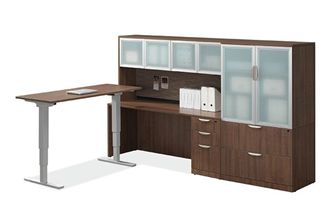 Picture of L Shape Powered Height Adjustable Table with Credenza and Lateral File Storage