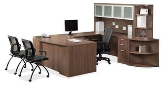 Picture of 72"W Bowfront U Shape Desk Workstation with Overhead and Bookcase Storage