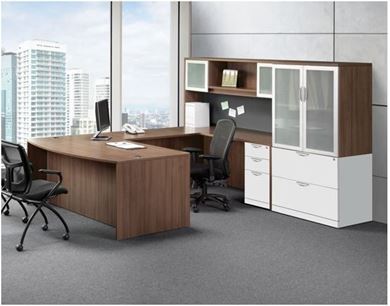 Picture of BowFront U Shape Desk Workstation with Bookcase Lateral Storage