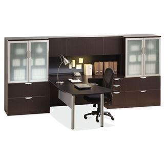 Picture of L Shape Desk Workstation with Overhead and Lateral Bookcase Storage