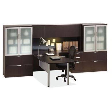 Picture of L Shape Desk Workstation with Overhead and Lateral Bookcase Storage