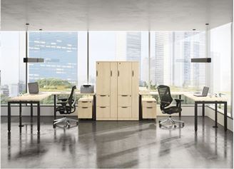 Picture of Two Person L Shape Desk Workstation with Wardrobe Storage