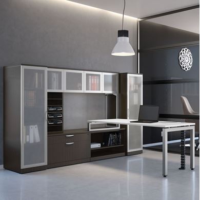 Picture of L Shape Desk Work Station with Glass Door Bookcase Storage
