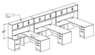 Picture of Three Person L Shape Desk Station with Overhead Storage