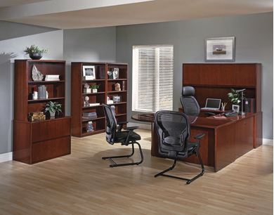 Picture of Wood Veneer, Peninsula U Shape Desk with Bookcase and Lateral Filing
