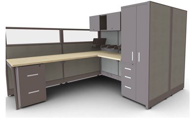 Picture of Two Person L Shape Powered Cubicle Workstation with Wardrobe Storage