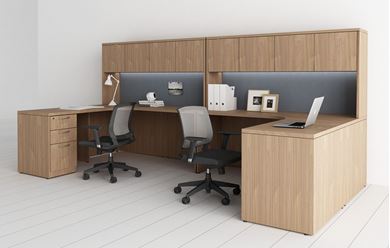 Picture of Double Set, Curved L Shape Desk Station with Overhead