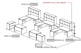 Picture of Three Person Desk Set with Lateral Filing Storage