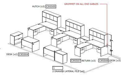 Picture of Three Person Desk Set with Lateral Filing Storage