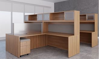 Picture of Four Person L Shape Desk Workstation with Partial Door Overheads