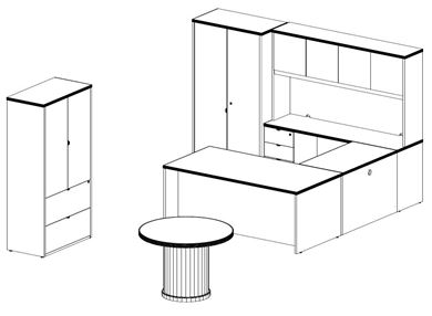 Picture of Wood Veneer, U Shape Desk with Lateral Wardrobe Storage