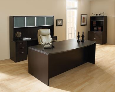 Picture of 72W Bowfront Desk, Kneespace Credenza with Storage Hutch, Lateral File Bookcase
