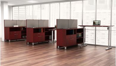 Picture of Set of 3, 66W Powered Height Table with Storage Credenza