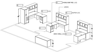 Picture of Room Set, Three L Desk Workstation with Storage Credenza