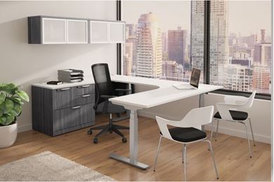 Picture of Powered Height U Shape Desk Station with Wall Mount Storage