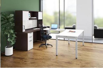Picture of Set of 2, Contemporary U Shape Desk Station with Overhead Storage