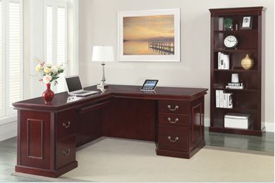 Picture of  Traditional Veneer, Executive L Shape Desk Station with Bookcase Storage.