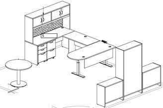 Picture of Peninsula Powered Height U Desk Station with Bookcase, Table