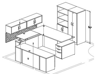 Picture of 72" Powered Height Adjustable "L" Desk, Wall Storage, Credenza Bookcase Cabinet
