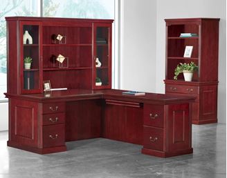 Picture of Traditional Veneer, Executive "L" Desk, Glass Overhead with Lateral Bookcase