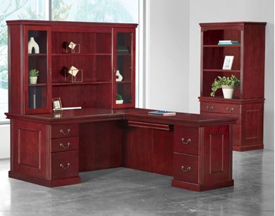 Picture of Traditional Veneer, Executive "L" Desk, Glass Overhead with Lateral Bookcase