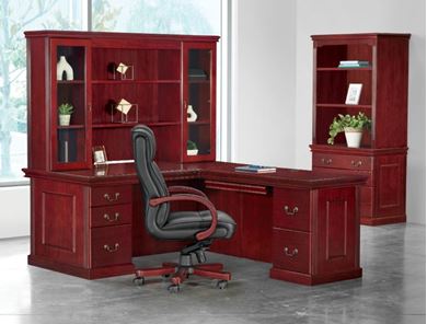 Picture of Traditional Veneer, Executive "L" Desk, Glass Overhead with Lateral Bookcase, Swivel Chair
