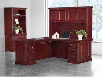 Picture of Traditional Veneer, Executive "L" Desk, Glass Overhead with Lateral Bookcase