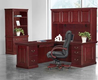 Picture of Traditional Veneer, Executive "L" Desk, Wood Door Overhead with Lateral Bookcase